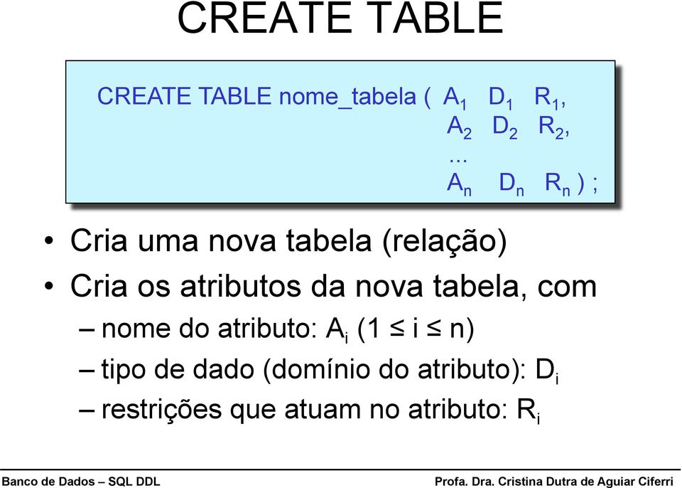 atributos da nova tabela, com nome do atributo: A i (1 i n) tipo