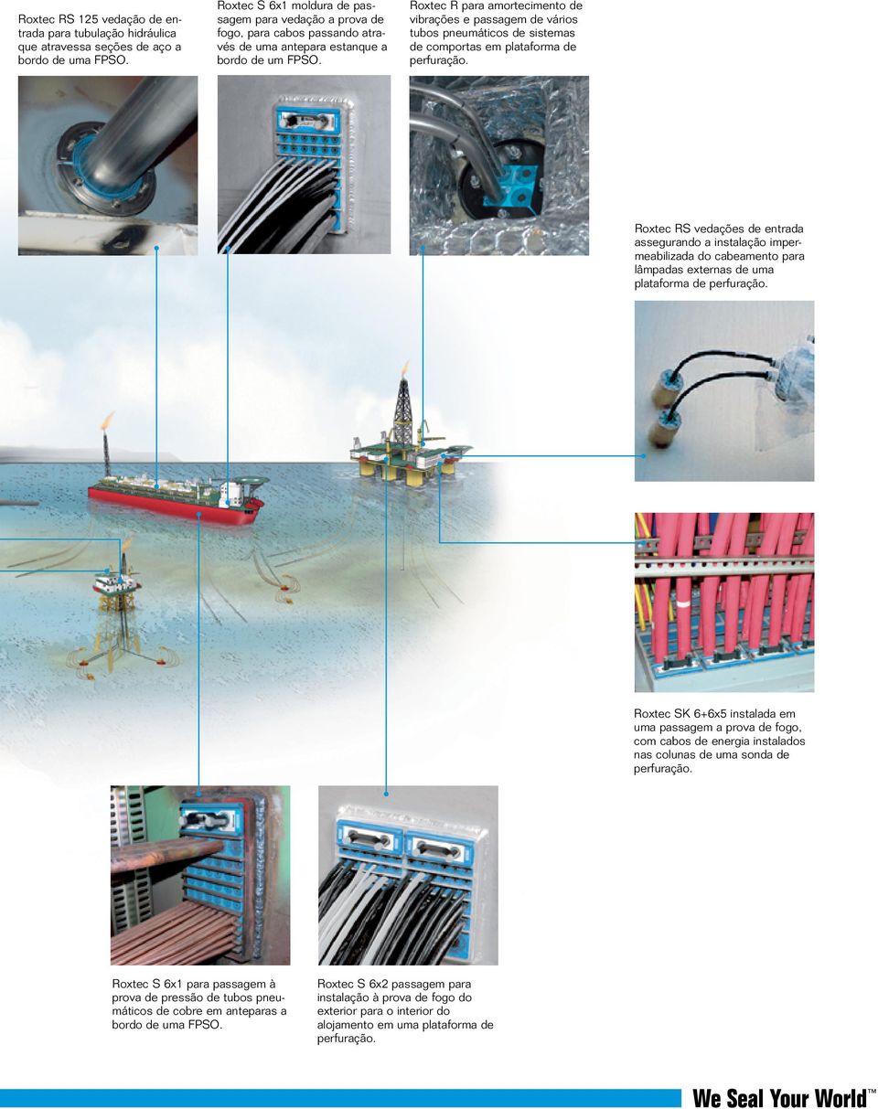 Roxtec R para amortecimento de vibrações e passagem de vários tubos pneumáticos de sistemas de comportas em plataforma de perfuração.
