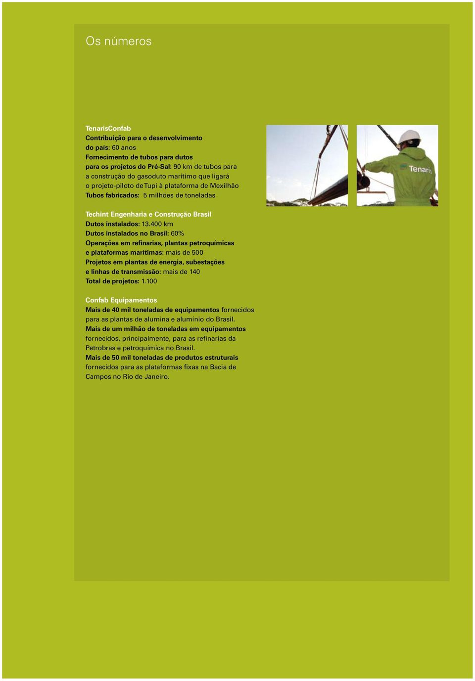 400 km Dutos instalados no Brasil: 60% Operações em refinarias, plantas petroquímicas e plataformas marítimas: mais de 500 Projetos em plantas de energia, subestações e linhas de transmissão: mais de