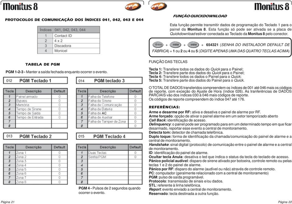 + + + 654321 (SENHA DO INSTALADOR DEFAULT DE FÁBRICA) + 1 ou 2 ou 4 ou 5 (DIGITE APENAS UMA DAS QUATRO TECLAS ACIMA) TABELA DE PGM PGM 1-2-3 - Manter a saída fechada enquanto ocorrer o evento.