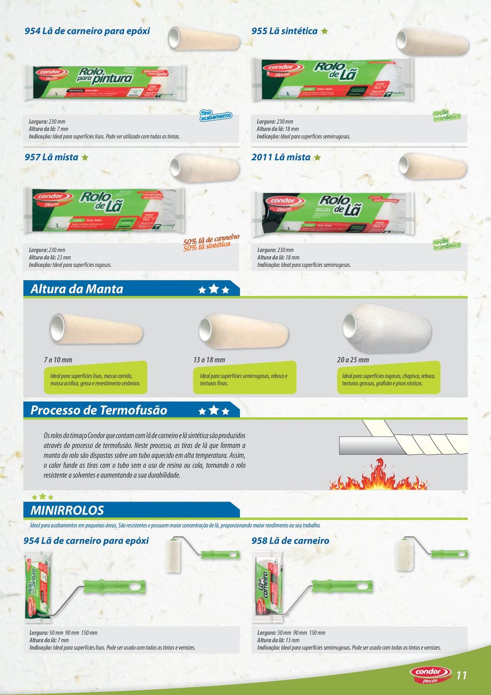 Altura da lã: 18 mm Indicação: Ideal para superfícies semirrugosas. Altura da Manta 7 a 10 mm Ideal para superfícies lisas, massa corrida, massa acrílica, gesso e revestimento cerâmico.