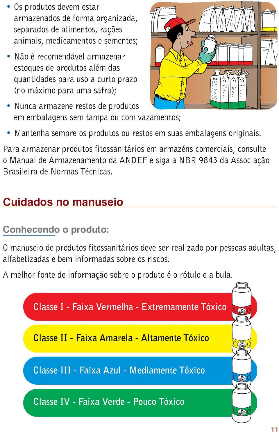 Para armazenar produtos fitossanitários em armazéns comerciais, consulte o Manual de Armazenamento da ANDEF e siga a NBR 9843 da Associação Brasileira de Normas Técnicas.