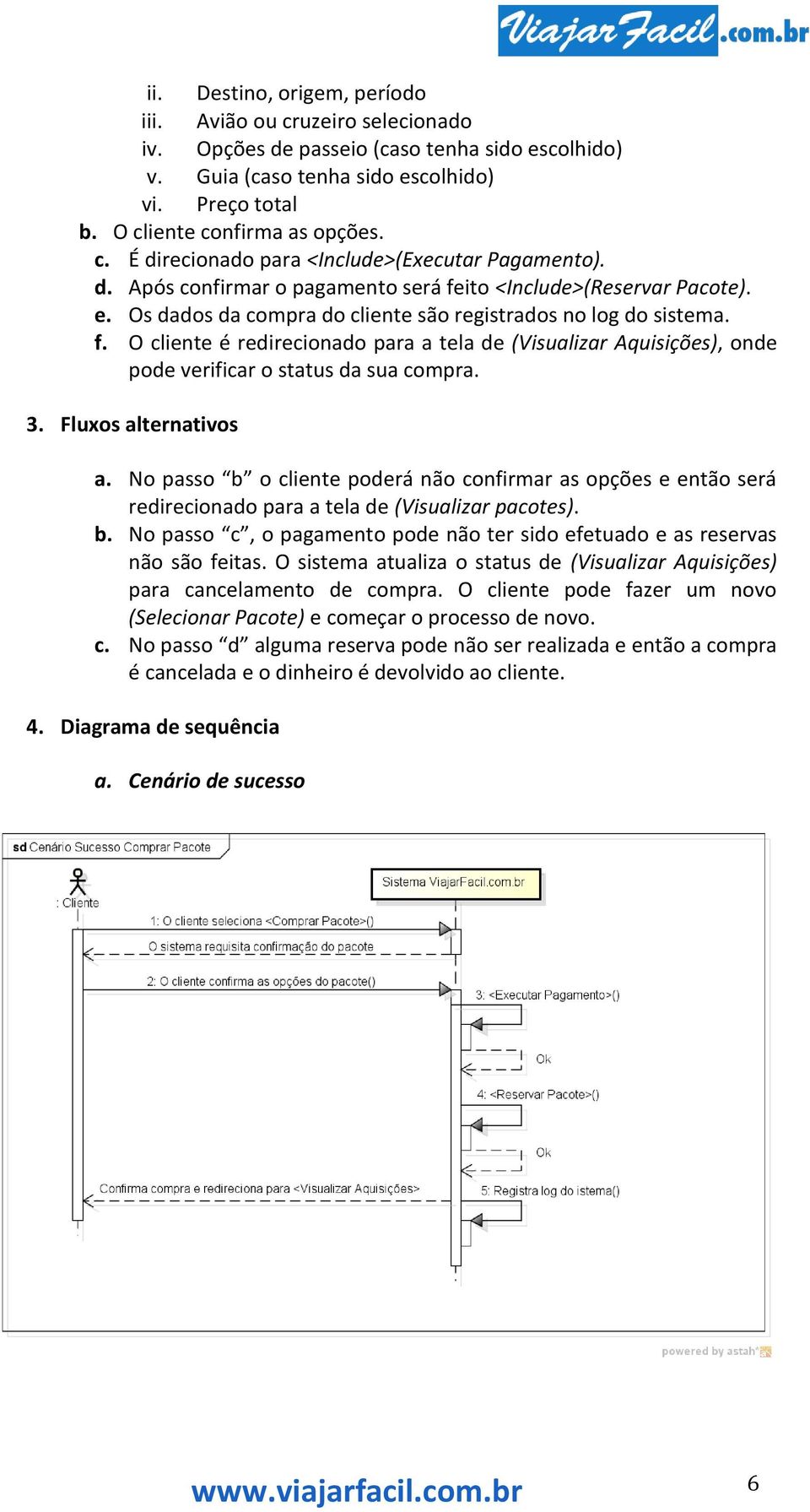 3. Fluxos alternativos a. No passo b o cliente poderá não confirmar as opções e então será redirecionado para a tela de (Visualizar pacotes). b. No passo c, o pagamento pode não ter sido efetuado e as reservas não são feitas.