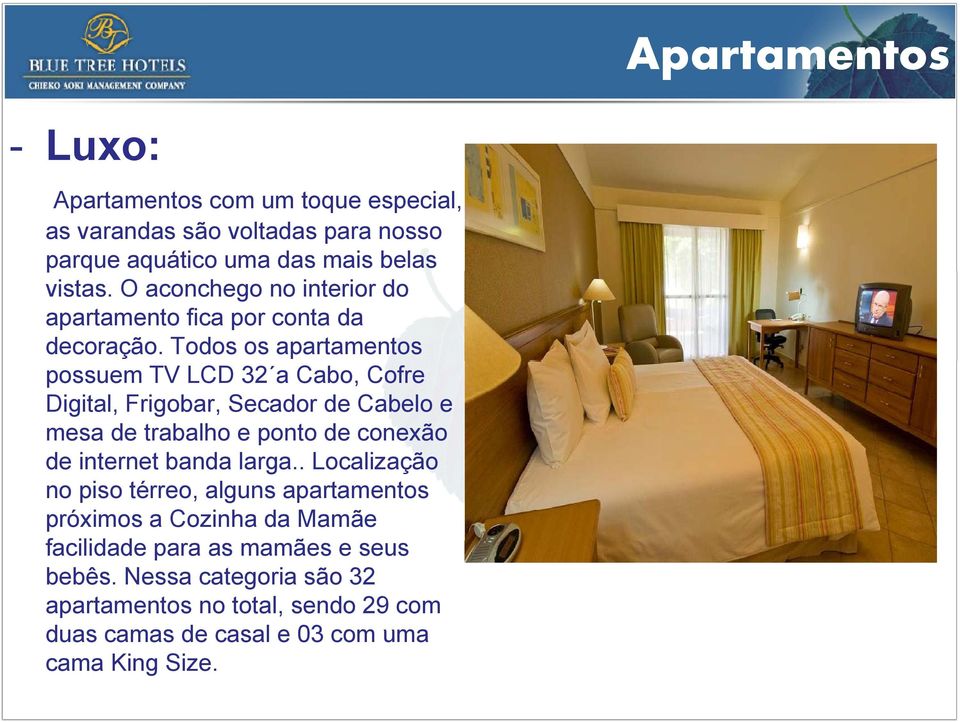 Todos os apartamentos possuem TV LCD 32 a Cabo, Cofre Digital, Frigobar, Secador de Cabelo e mesa de trabalho e ponto de conexão de internet