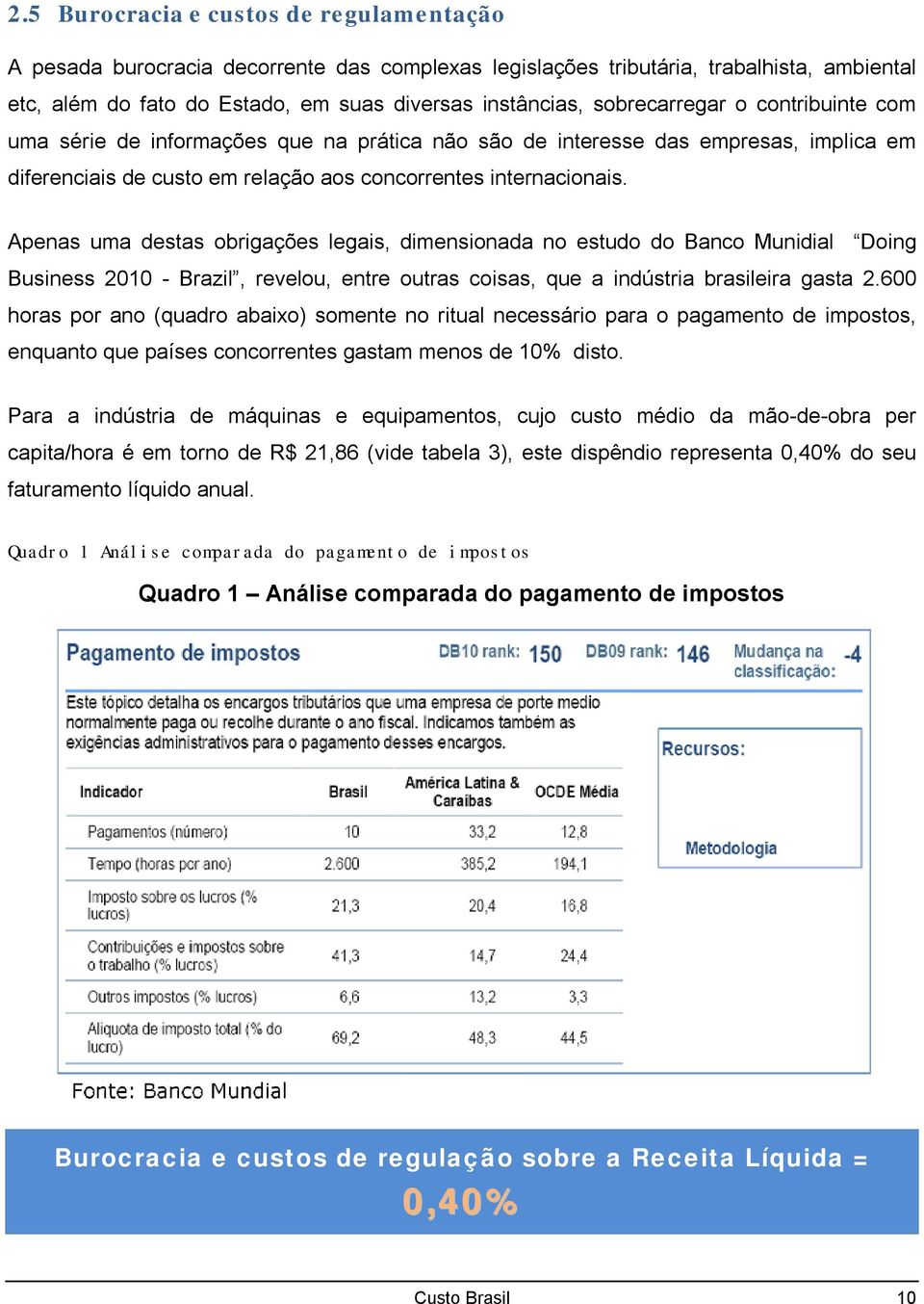 Apenas uma destas obrigações legais, dimensionada no estudo do Banco Munidial Doing Business 2010 - Brazil, revelou, entre outras coisas, que a indústria brasileira gasta 2.