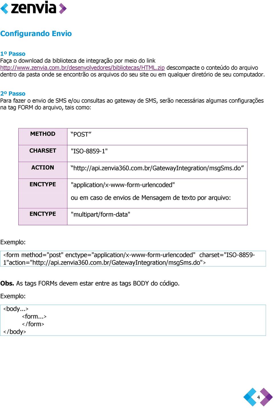 2º Passo Para fazer o envio de SMS e/ou consultas ao gateway de SMS, serão necessárias algumas configurações na tag FORM do arquivo, tais como: METHOD CHARSET ACTION ENCTYPE POST "ISO-8859-1"