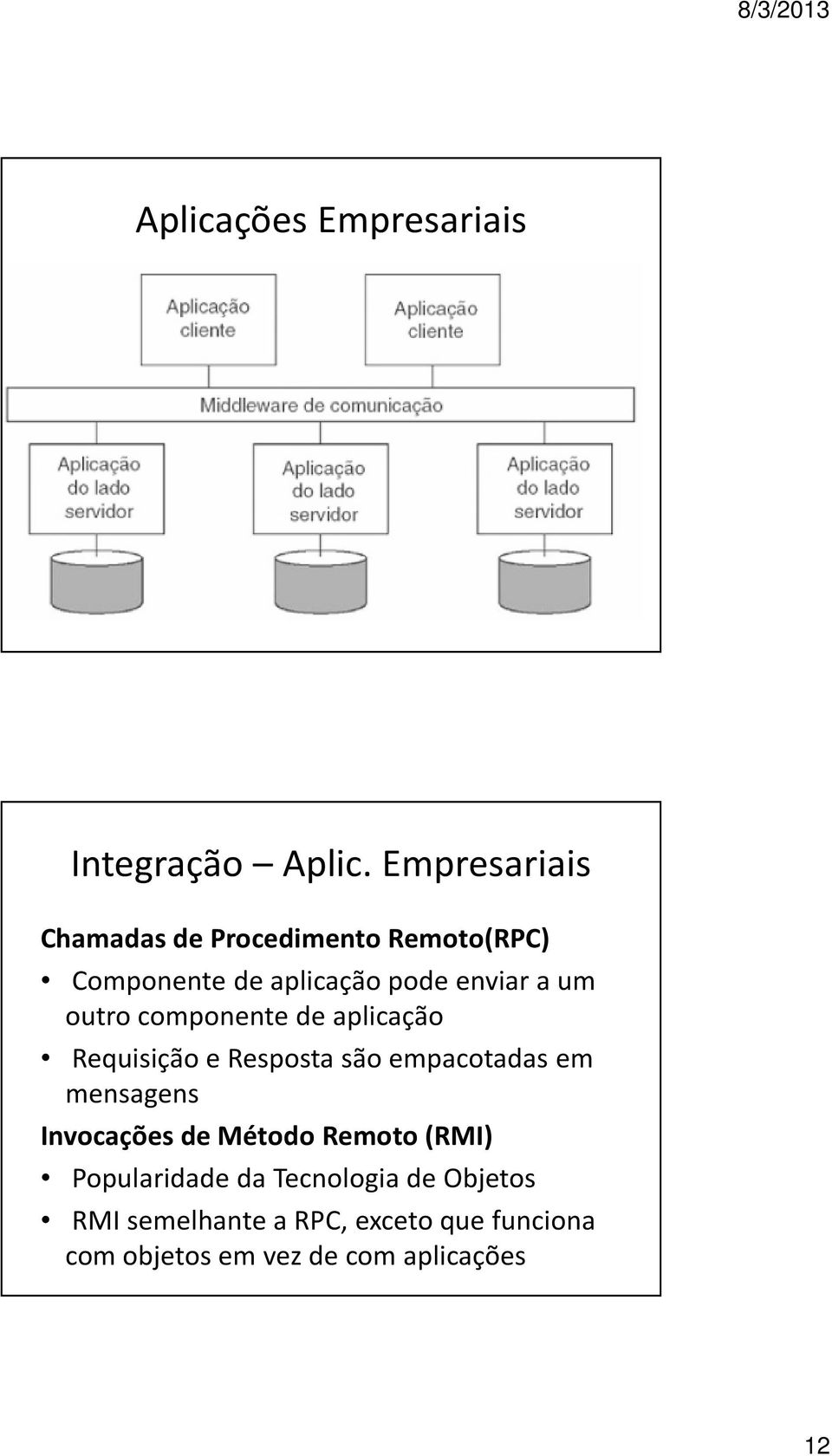 outro componente de aplicação Requisição e Resposta são empacotadas em mensagens Invocações