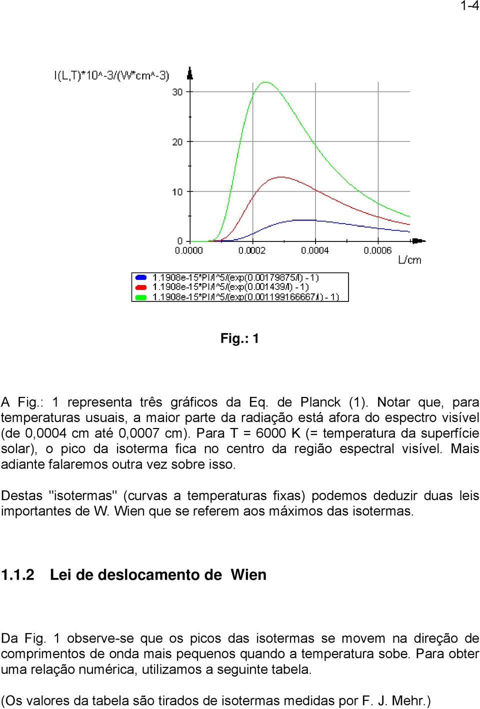 Destas "isotermas" (curvas a temperaturas fixas) podemos deduzir duas leis importantes de W. Wien que se referem aos máximos das isotermas. 1.1.2 Lei de deslocamento de Wien Da Fig.