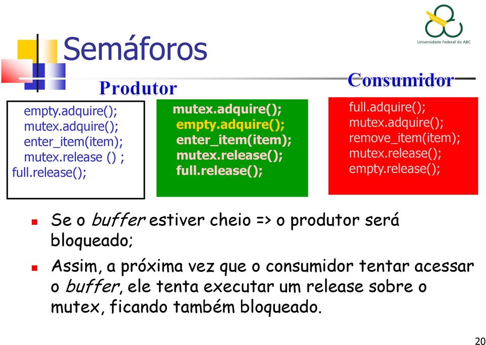 release(); Se o buffer estiver cheio => o produtor será bloqueado; Assim, a próxima vez que o consumidor tentar