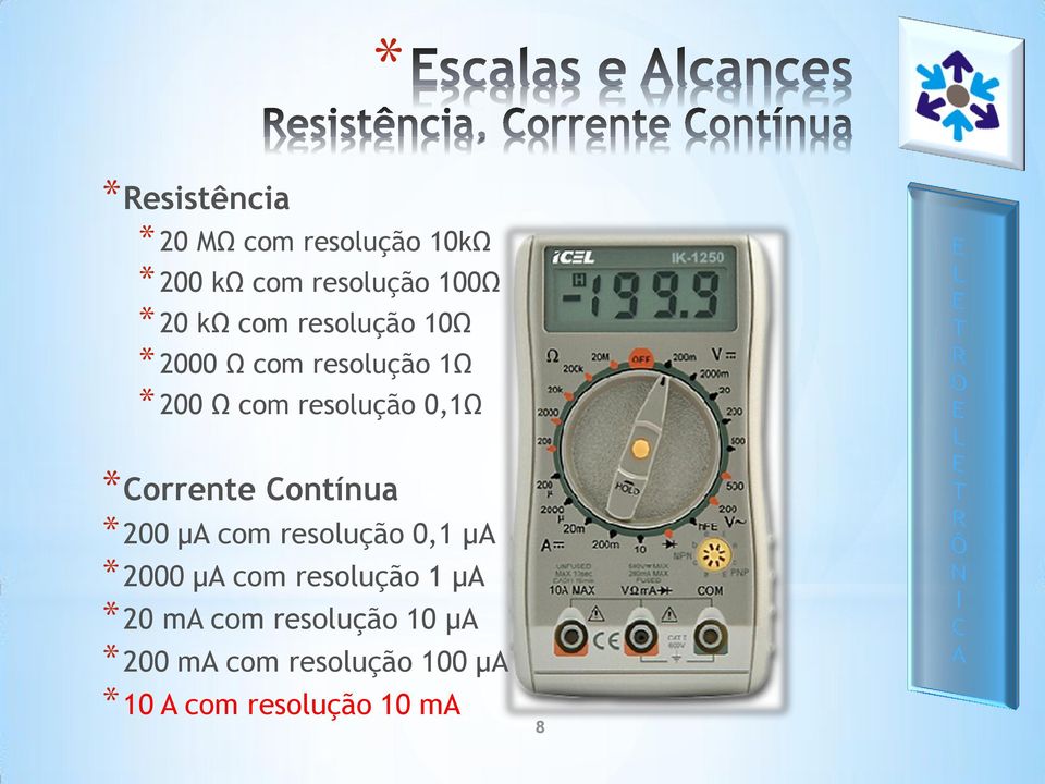 *Corrente Contínua *200 µa com resolução 0,1 µa *2000 µa com resolução 1 µa