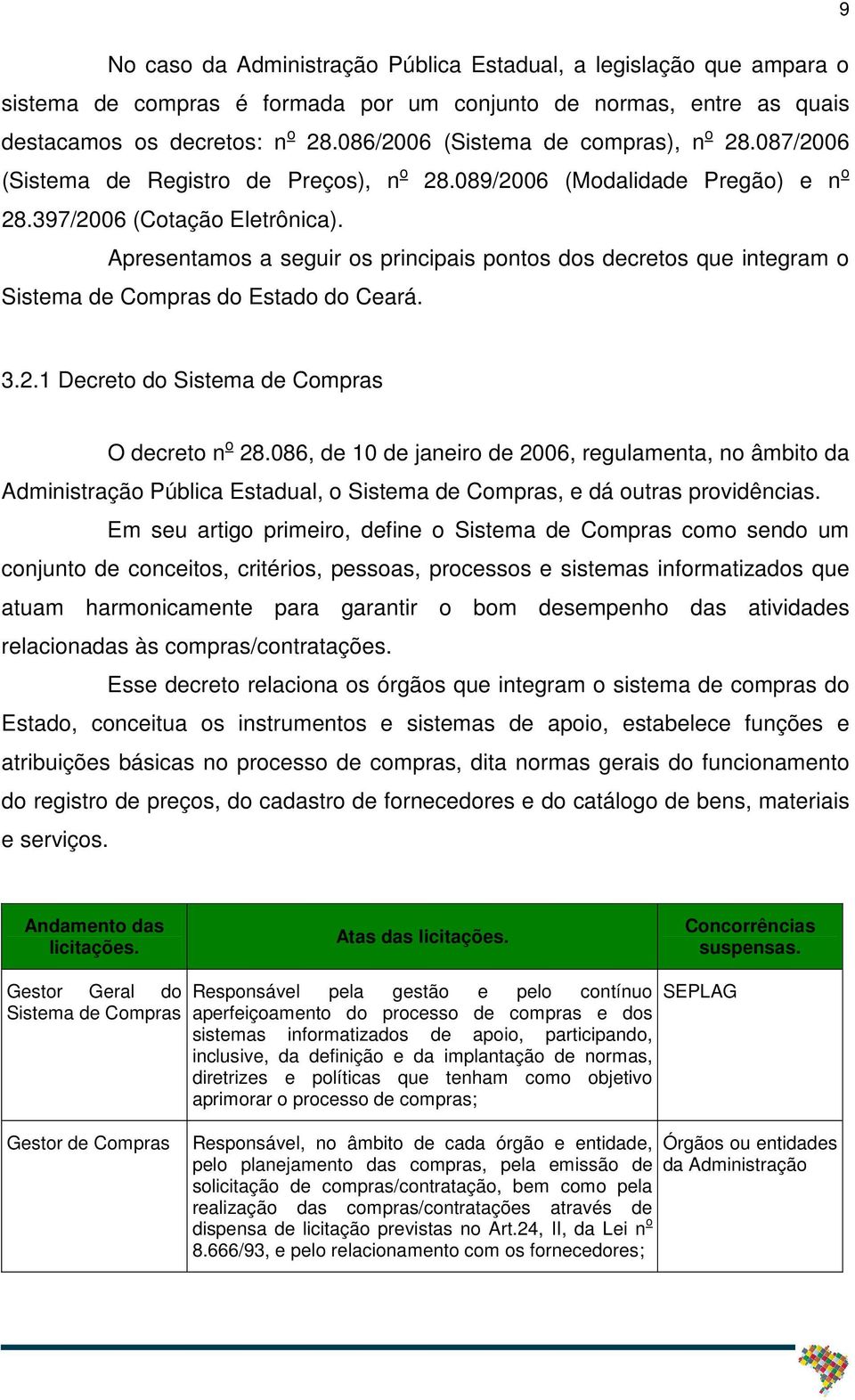 Apresentamos a seguir os principais pontos dos decretos que integram o Sistema de Compras do Estado do Ceará. 3.2.1 Decreto do Sistema de Compras O decreto n o 28.