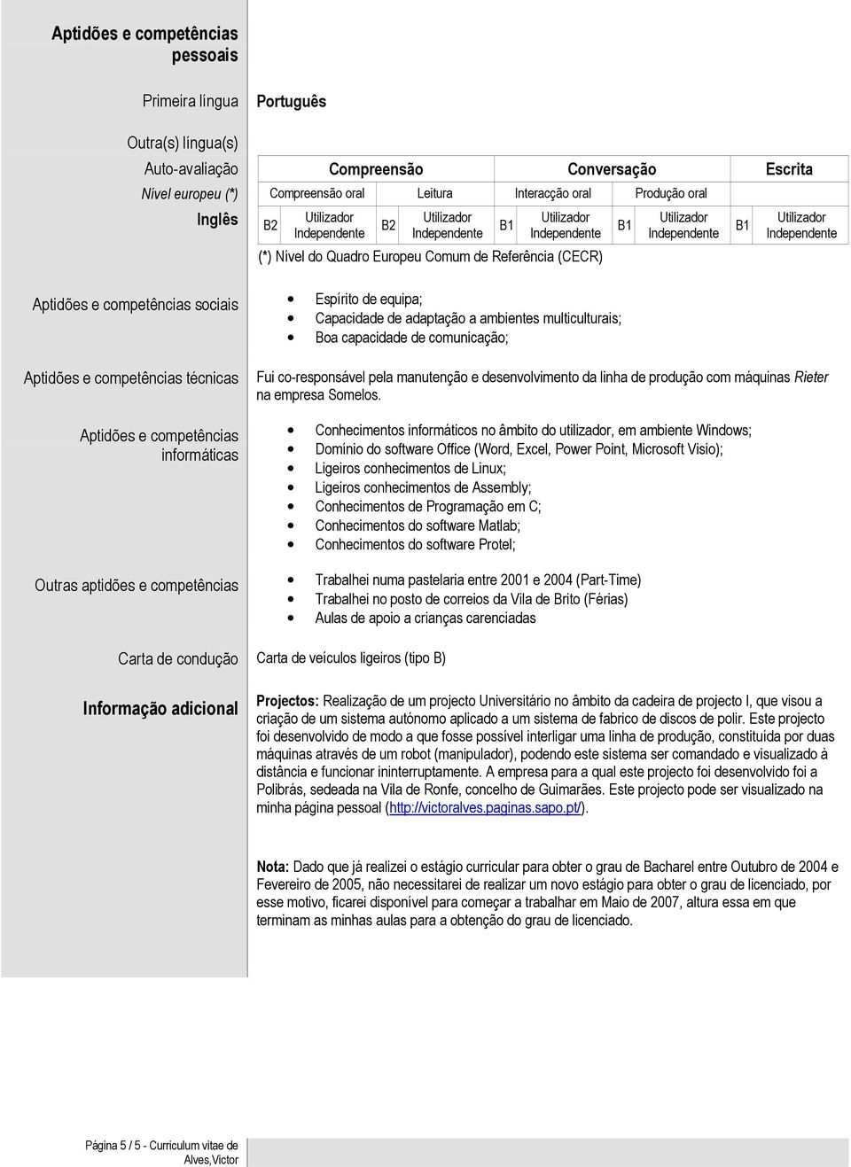 comunicação; Aptidões e competências técnicas Aptidões e competências informáticas Fui co-responsável pela manutenção e desenvolvimento da linha de produção com máquinas Rieter na empresa Somelos.