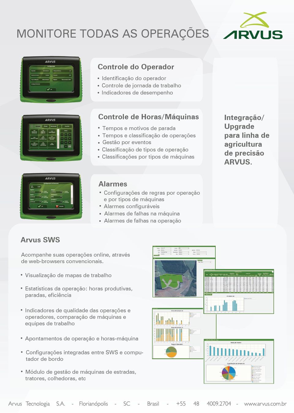 Alarmes Configurações de regras por operação e por tipos de máquinas Alarmes configuráveis Alarmes de falhas na máquina Alarmes de falhas na operação Arvus SWS Acompanhe suas operações online,