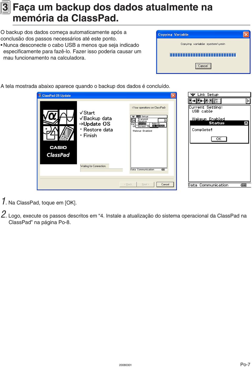 Nunca desconecte o cabo USB a menos que seja indicado especificamente para fazê-lo.