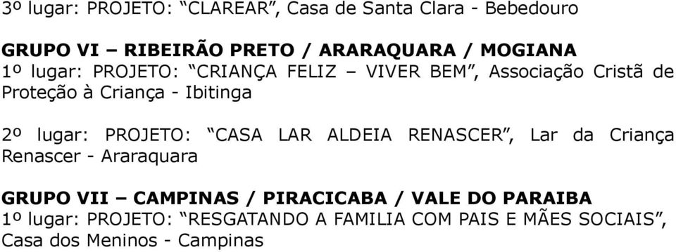 PROJETO: CASA LAR ALDEIA RENASCER, Lar da Criança Renascer - Araraquara GRUPO VII CAMPINAS / PIRACICABA /