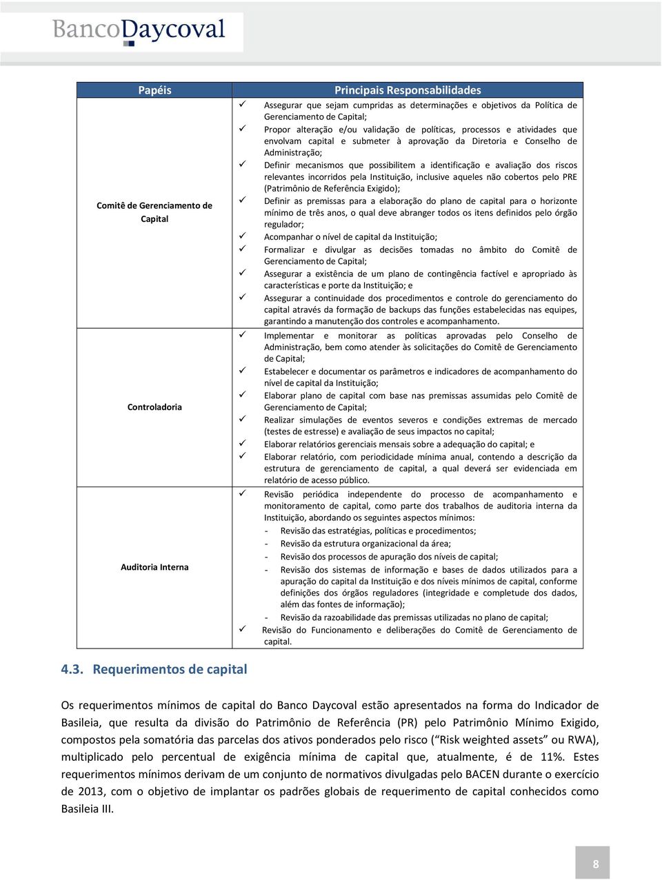 a identificação e avaliação dos riscos relevantes incorridos pela Instituição, inclusive aqueles não cobertos pelo PRE (Patrimônio de Referência Exigido); Definir as premissas para a elaboração do