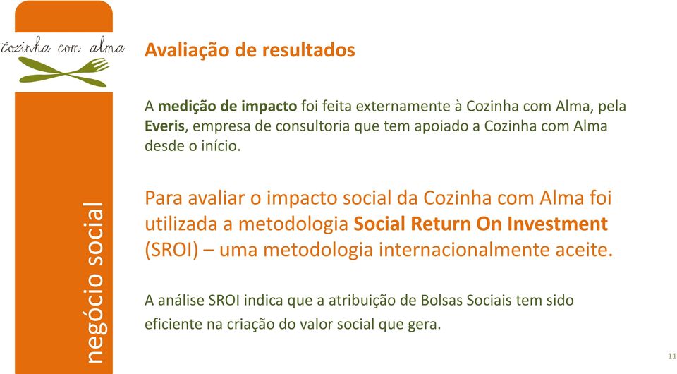 Para avaliar o impacto social da Cozinha com Alma foi utilizada a metodologia Social Return On Investment