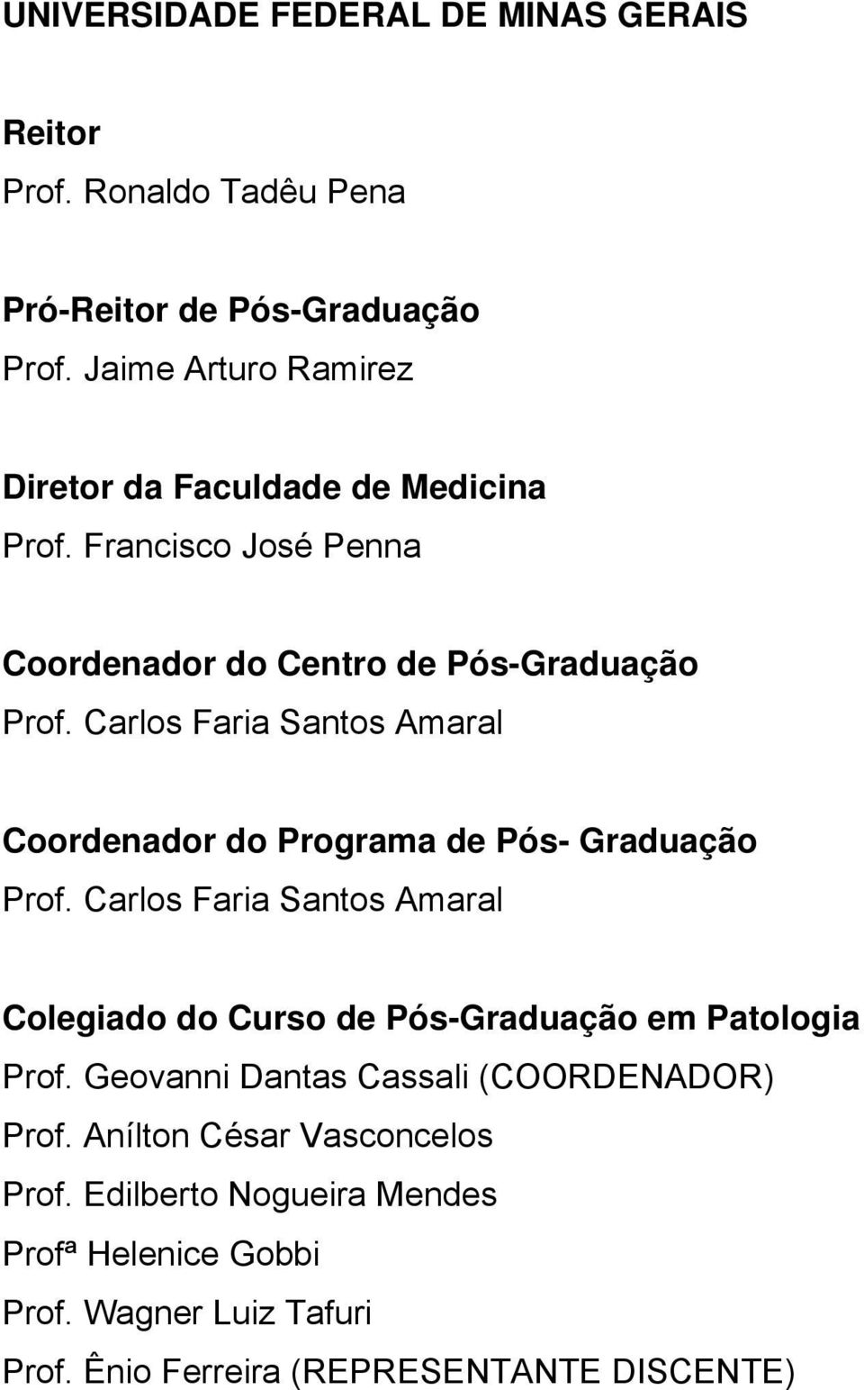 Carlos Faria Santos Amaral Coordenador do Programa de Pós- Graduação Prof.