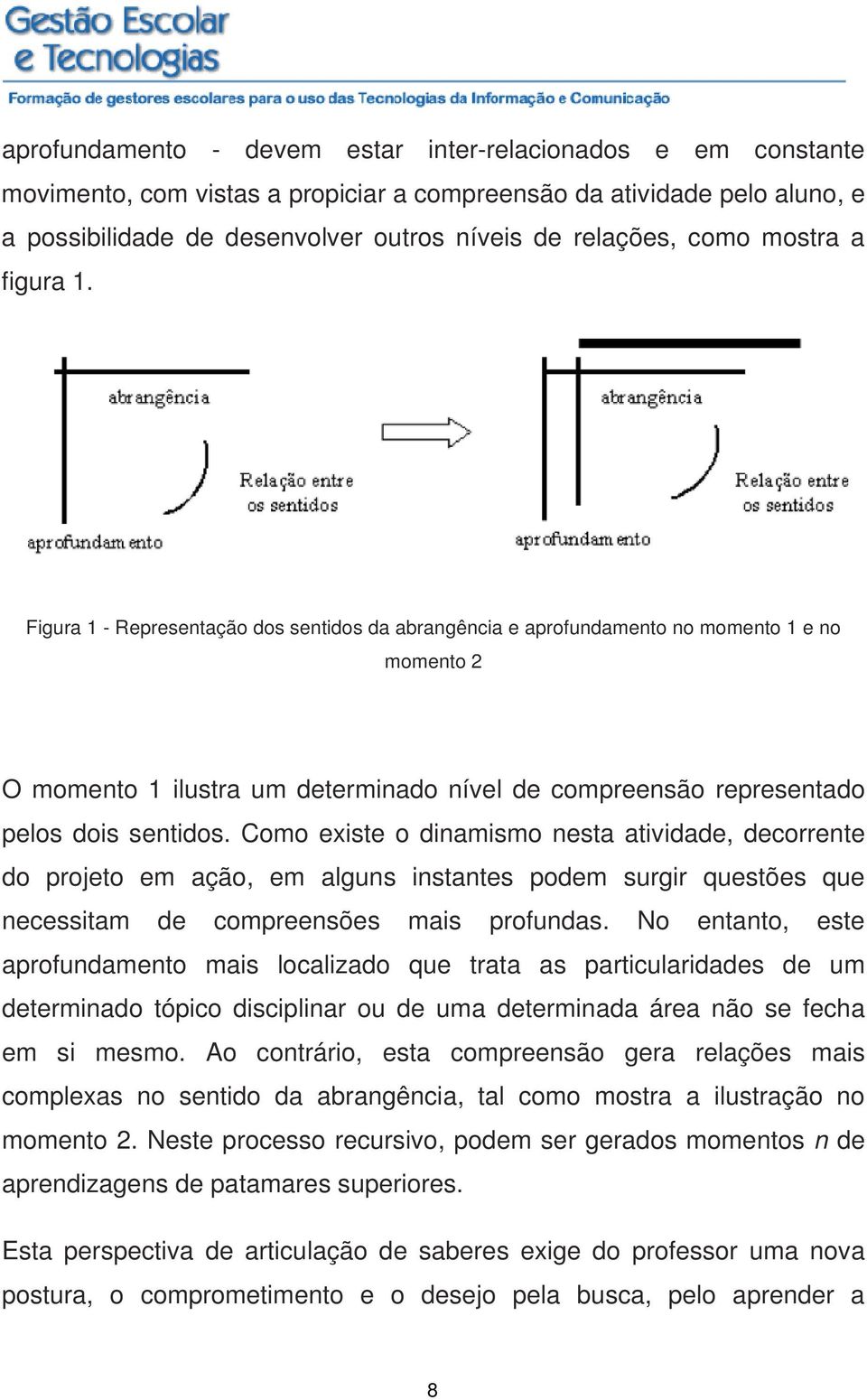 Figura 1 - Representação dos sentidos da abrangência e aprofundamento no momento 1 e no momento 2 O momento 1 ilustra um determinado nível de compreensão representado pelos dois sentidos.