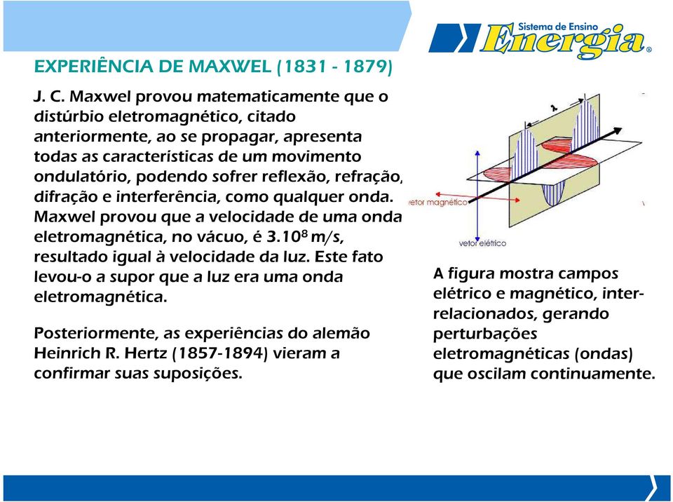 reflexão, refração, difração e interferência, como qualquer onda. Maxwel provou que a velocidade de uma onda eletromagnética, no vácuo, é 3.