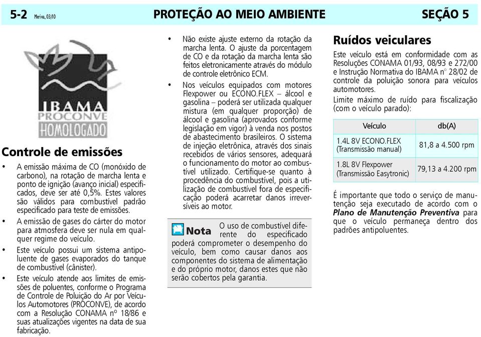 A emissão de gases do cárter do motor para atmosfera deve ser nula em qualquer regime do veículo. Este veículo possui um sistema antipoluente de gases evaporados do tanque de combustível (cânister).