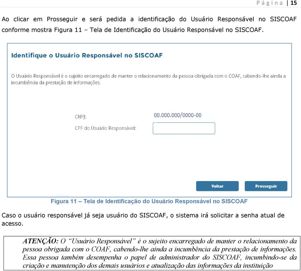Figura 11 Tela de Identificação do Usuário Responsável no SISCOAF Caso o usuário responsável já seja usuário do SISCOAF, o sistema irá solicitar a senha atual de acesso.