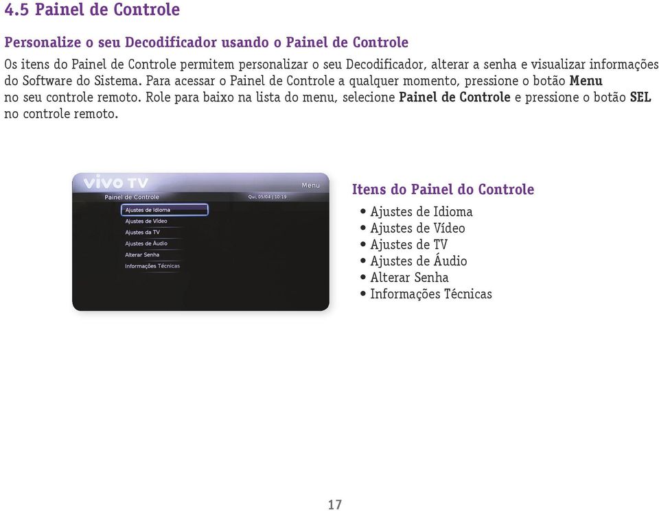 Para acessar o Painel de Controle a qualquer momento, pressione o botão Menu no seu controle remoto.