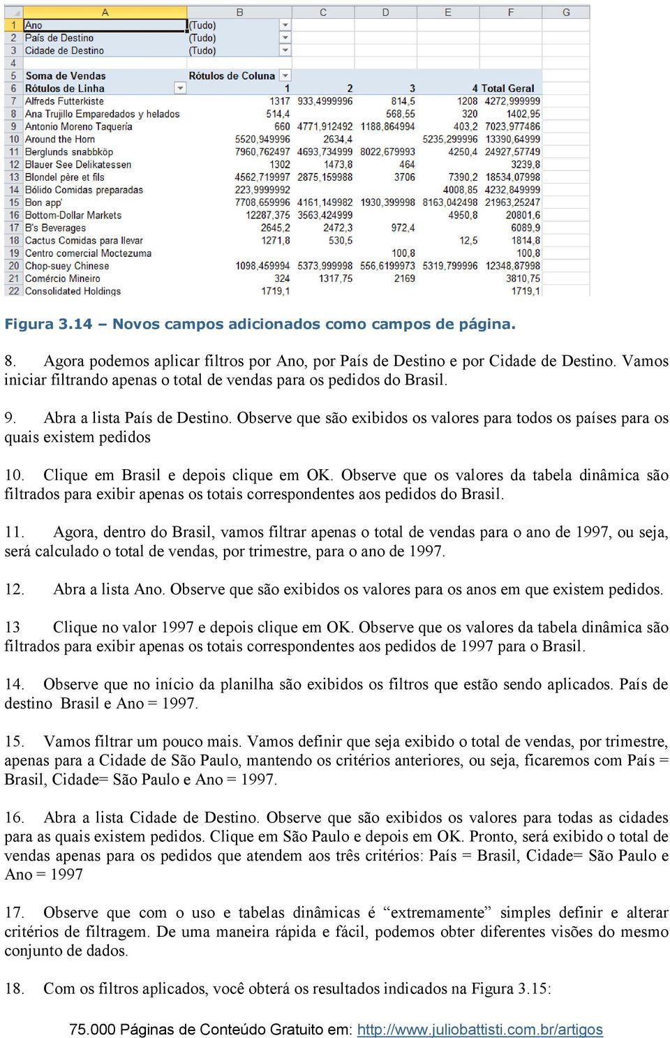 Clique em Brasil e depois clique em OK. Observe que os valores da tabela dinâmica são filtrados para exibir apenas os totais correspondentes aos pedidos do Brasil. 11.