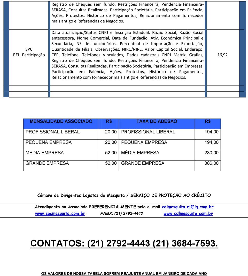 MENSALIDADE ASSOCIADO R$ TAXA DE ADESÃO R$ PROFISSIONAL LIBERAL 20,00 PROFISSIONAL LIBERAL 194,00 PEQUENA EMPRESA 20,00 PEQUENA EMPRESA 194,00 MÉDIA EMPRESA 52,00 MÉDIA EMPRESA 230,00 GRANDE