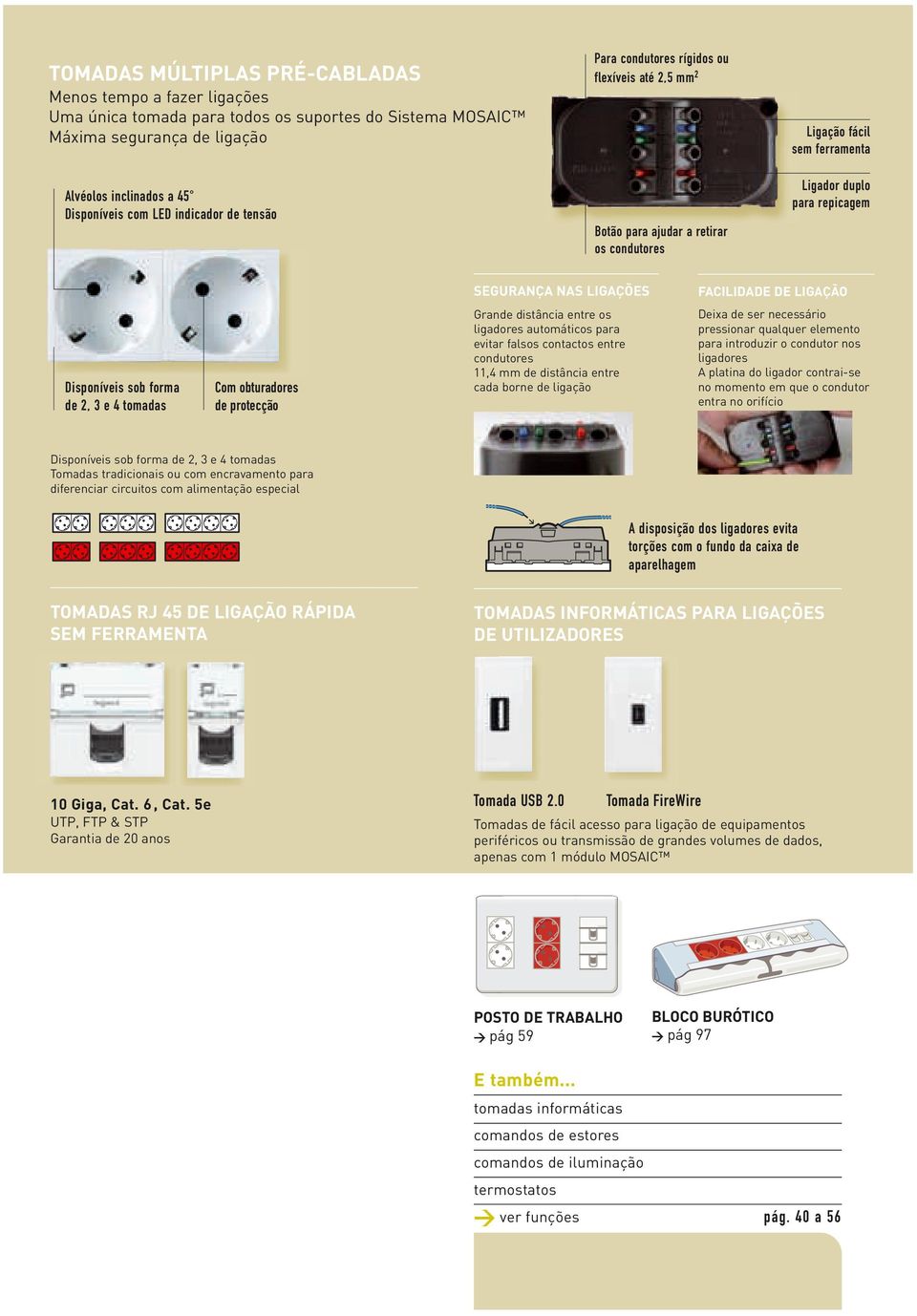LIGAÇÃO Disponíveis sob forma de 2, 3 e 4 tomadas Com obturadores de protecção Grande distância entre os ligadores automáticos para evitar falsos contactos entre condutores 11,4 mm de distância entre