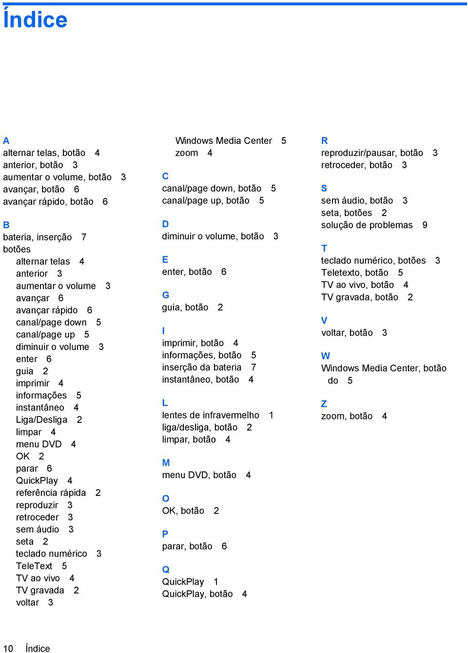 referência rápida 2 reproduzir 3 retroceder 3 sem áudio 3 seta 2 teclado numérico 3 TeleText 5 TV ao vivo 4 TV gravada 2 voltar 3 Windows Media Center 5 zoom 4 C canal/page down, botão 5 canal/page