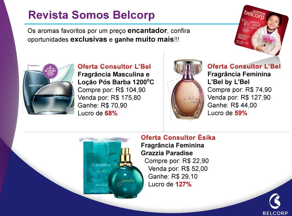 Lucro de 68% Fragrância Feminina L Bel by L Bel Compre por: R$ 74,90 Venda por: R$ 127,90 Ganhe: R$ 44,00 Lucro