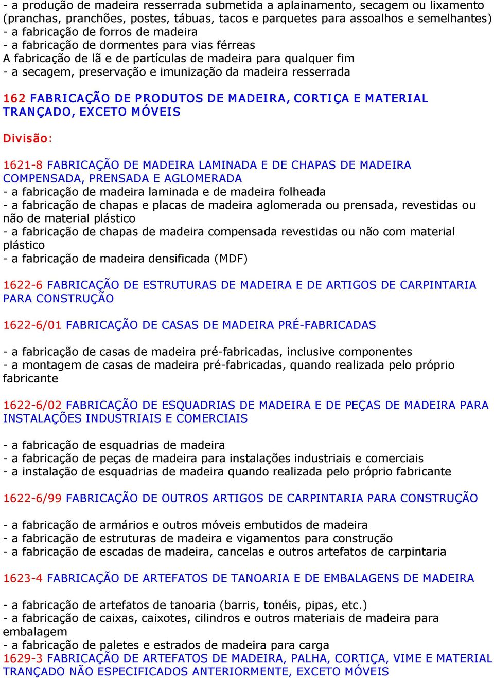 MADEI RA, CORTI ÇA E MATERI AL TRANÇADO, EXCETO MÓVEI S Divisão: 1621 8 FABRICAÇÃO DE MADEIRA LAMINADA E DE CHAPAS DE MADEIRA COMPENSADA, PRENSADA E AGLOMERADA a fabricação de madeira laminada e de