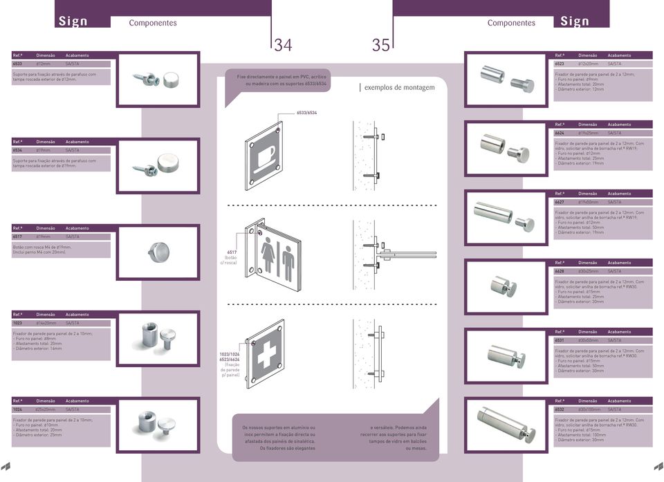 Diâmetro exterior: 12mm 6533/6534 6624 Ø19x25mm SA/STA 6534 Ø19mm SA/STA Suporte para fixação através de parafuso com tampa roscada exterior de Ø19mm. Fixador de parede para painel de 2 a 12mm.