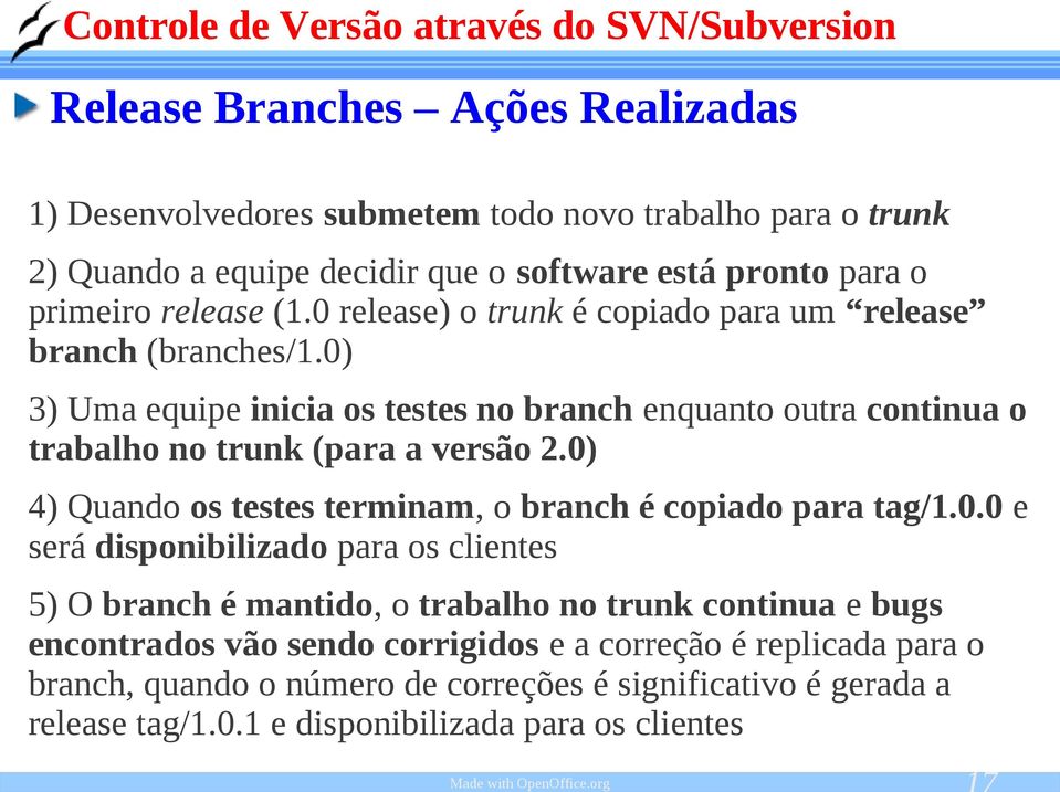 0) 4) Quando os testes terminam, o branch é copiado para tag/1.0.0 e será disponibilizado para os clientes 5) O branch é mantido, o trabalho no trunk continua e bugs