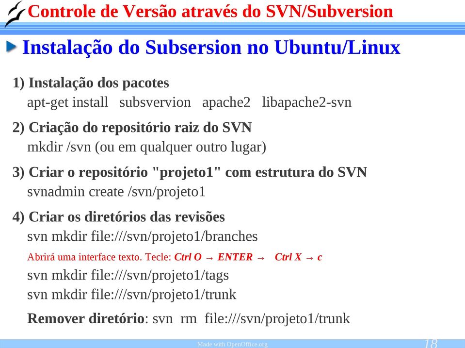 /svn/projeto1 4) Criar os diretórios das revisões svn mkdir file:///svn/projeto1/branches Abrirá uma interface texto.