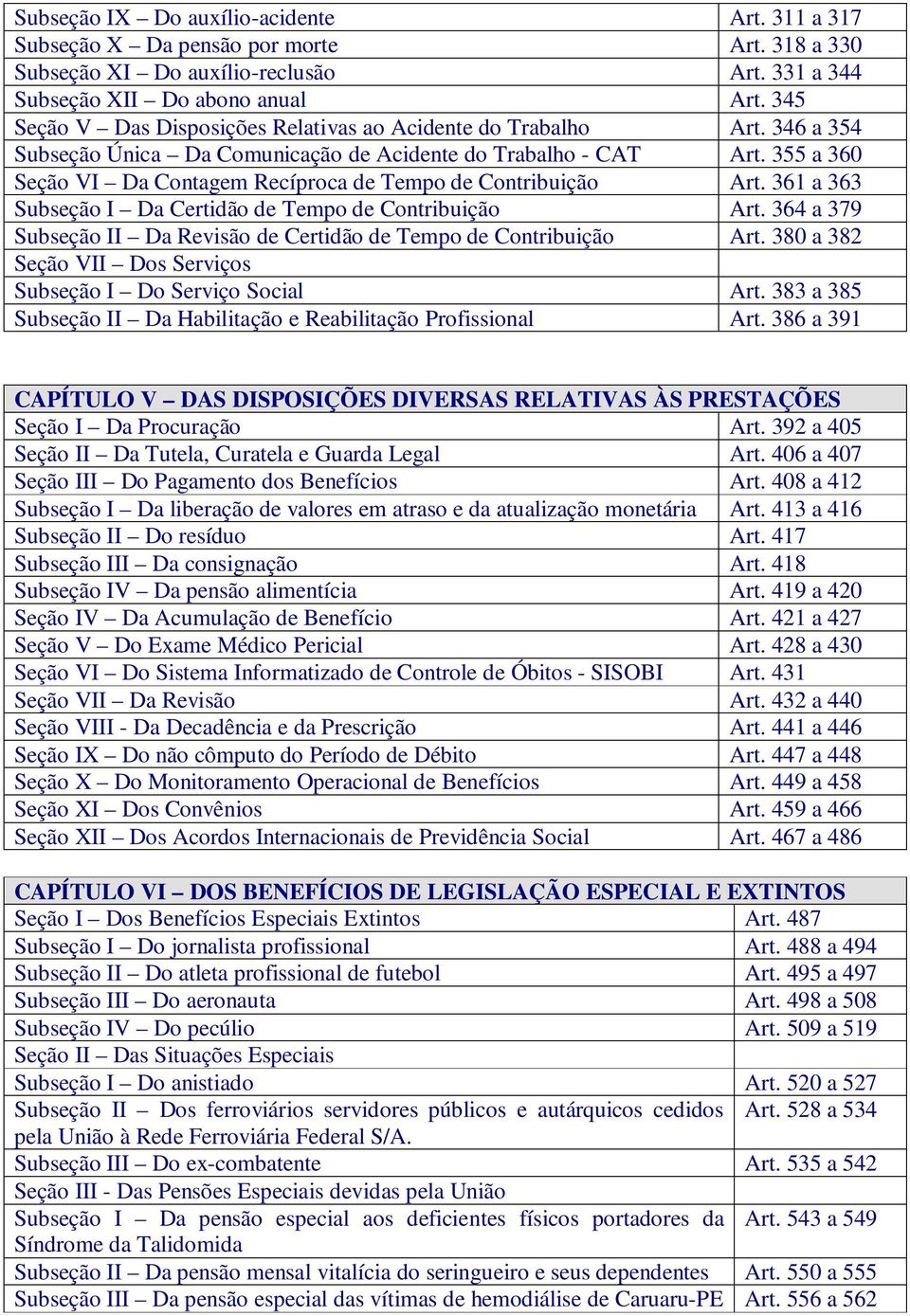 355 a 360 Seção VI Da Contagem Recíproca de Tempo de Contribuição Art. 361 a 363 Subseção I Da Certidão de Tempo de Contribuição Art.