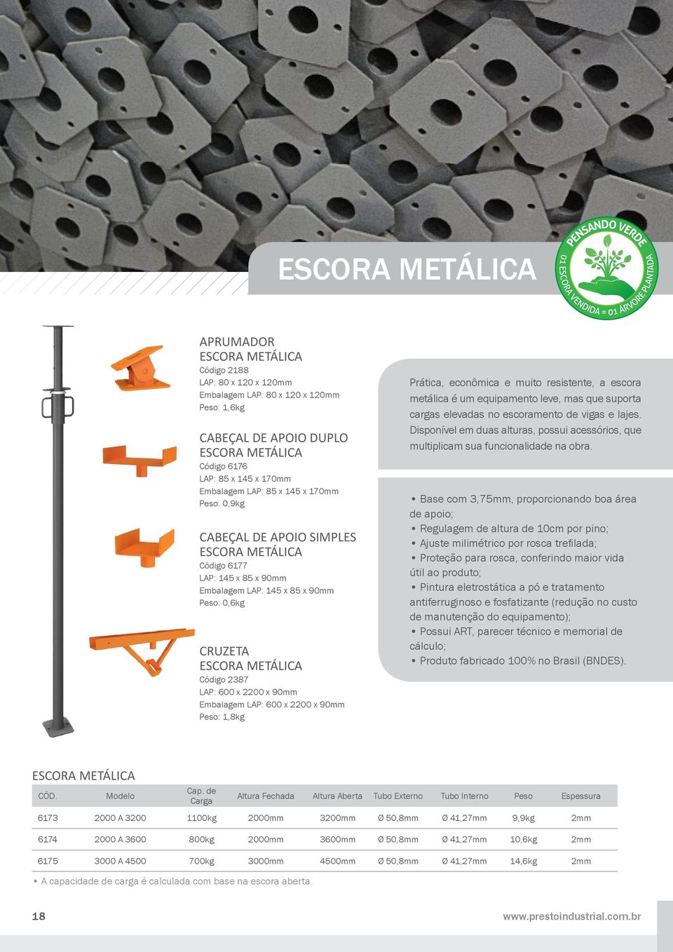 LAP: 600 x 2200 x 90mm Embalagem LAP: 600 x 2200 x 90mm Peso: 1,8kg Prática, econômica e muito resistente, a escora metálica é um equipamento leve, mas que suporta cargas elevadas no escoramento de