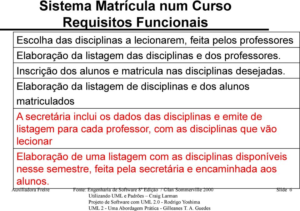 Elaboração da listagem de disciplinas e dos alunos matriculados A secretária inclui os dados das disciplinas e emite de listagem para cada professor, com as