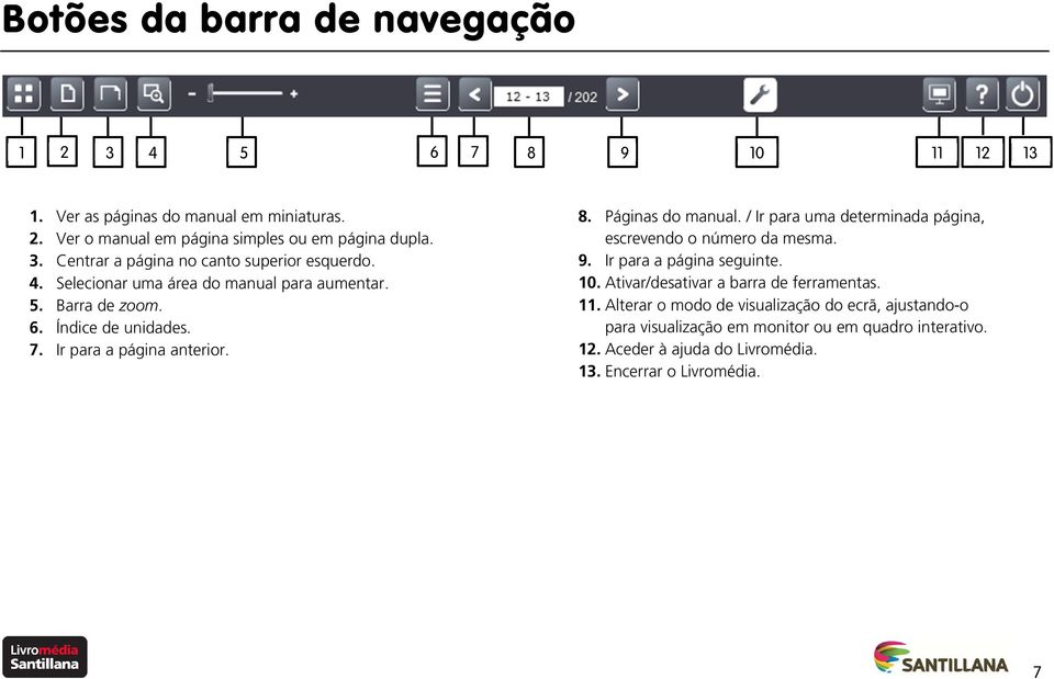 / Ir para uma determinada página, escrevendo o número da mesma. 9. Ir para a página seguinte. 10. Ativar/desativar a barra de ferramentas. 11.