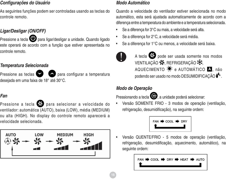 Temperatura Selecionada Pressione as teclas para configurar a temperatura desejada em uma faixa de 18 até 30 C.