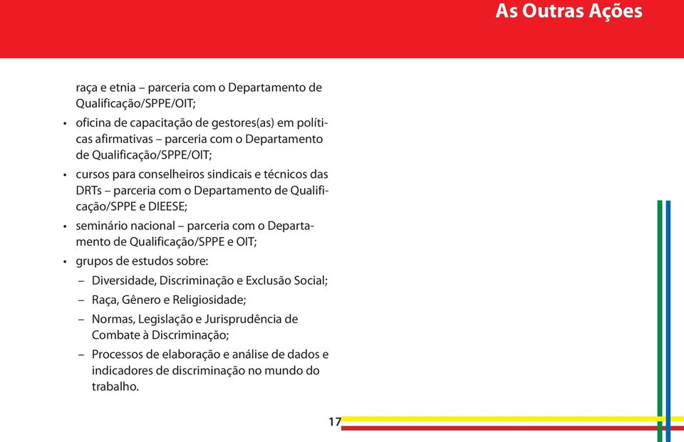 nacional parceria com o Departamento de Qualificação/SPPE e OIT; grupos de estudos sobre: Diversidade, Discriminação e Exclusão Social; Raça, Gênero e