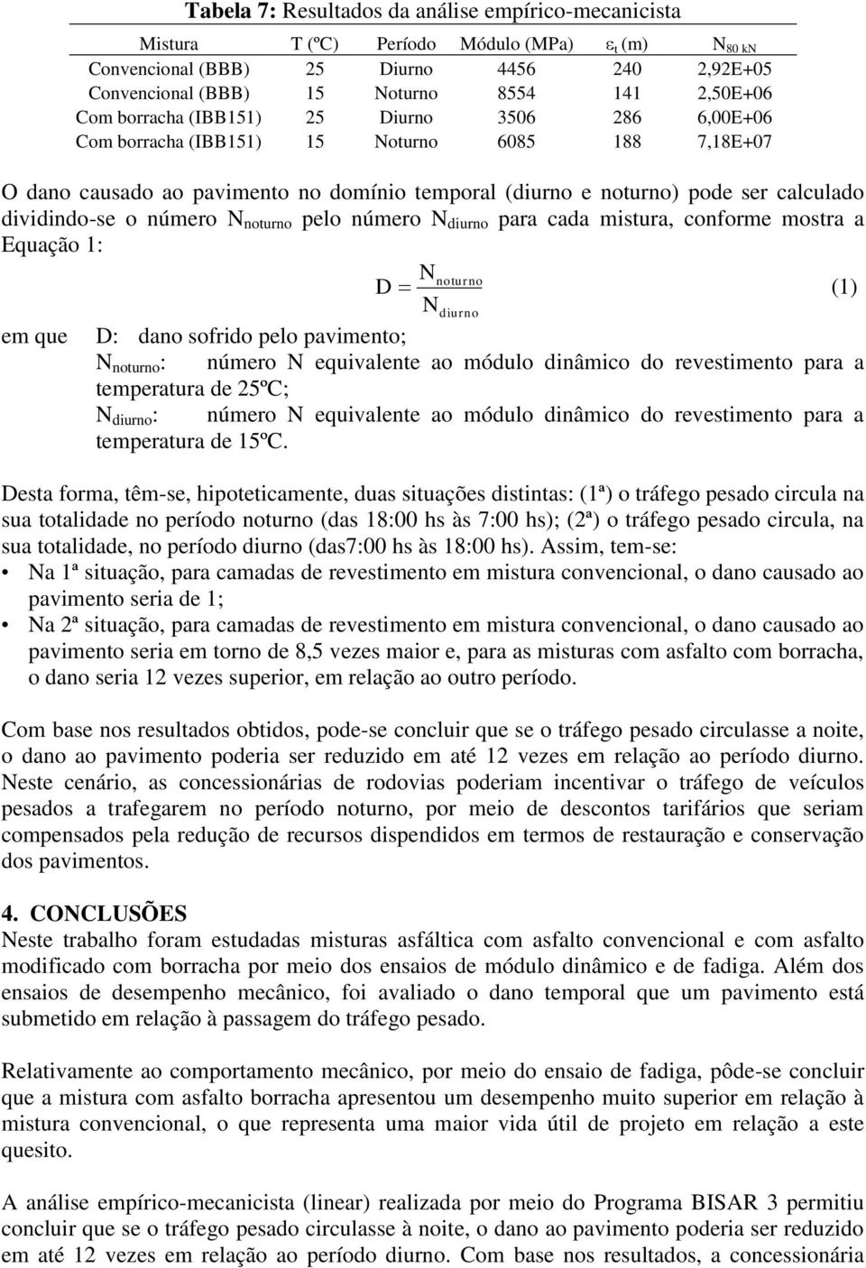 o número N noturno pelo número N diurno para cada mistura, conforme mostra a Equação 1: Nnoturno D (1) Ndiurno em que D: dano sofrido pelo pavimento; N noturno : número N equivalente ao módulo