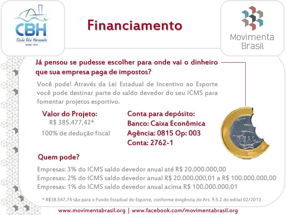 477,42* 100% de dedução fiscal Quem pode? Conta para depósito: Banco: Caixa Econômica Agência: 0815 Op: 003 Conta: 2762-1 Empresas: 3% do ICMS saldo devedor anual até R$ 20.