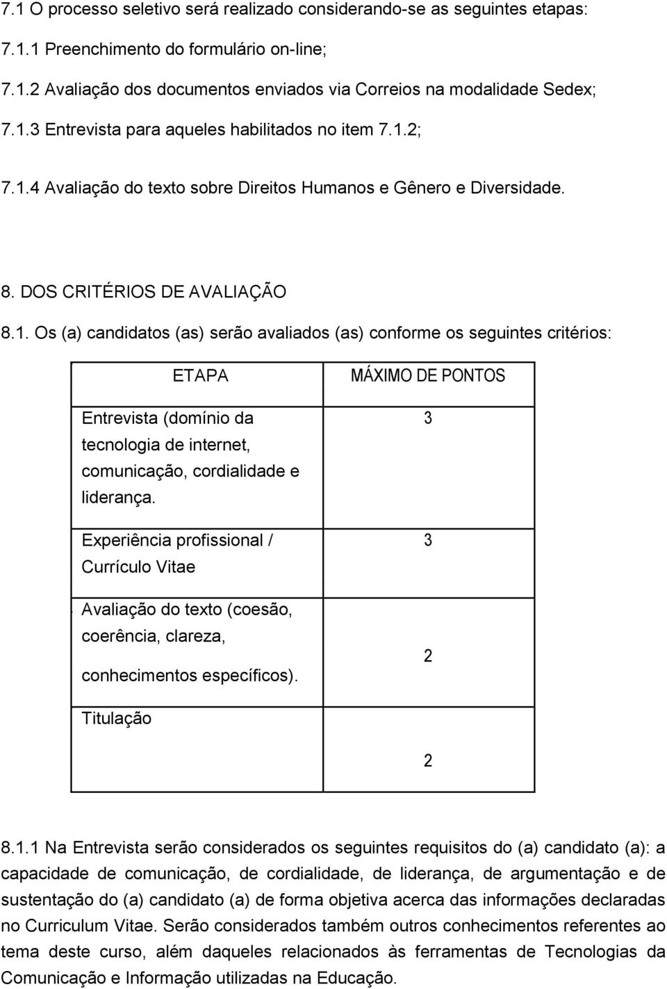 Experiência profissional / 3 Currículo Vitae Avaliação do texto (coesão, coerência, clareza, conhecimentos específicos). 2 Titulação 2 8.1.