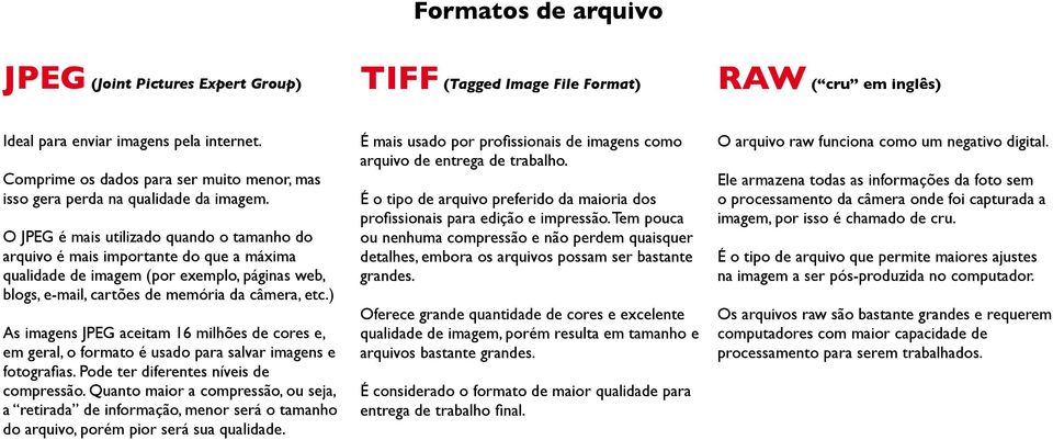 O JPEG é mais utilizado quando o tamanho do arquivo é mais importante do que a máxima qualidade de imagem (por exemplo, páginas web, blogs, e-mail, cartões de memória da câmera, etc.