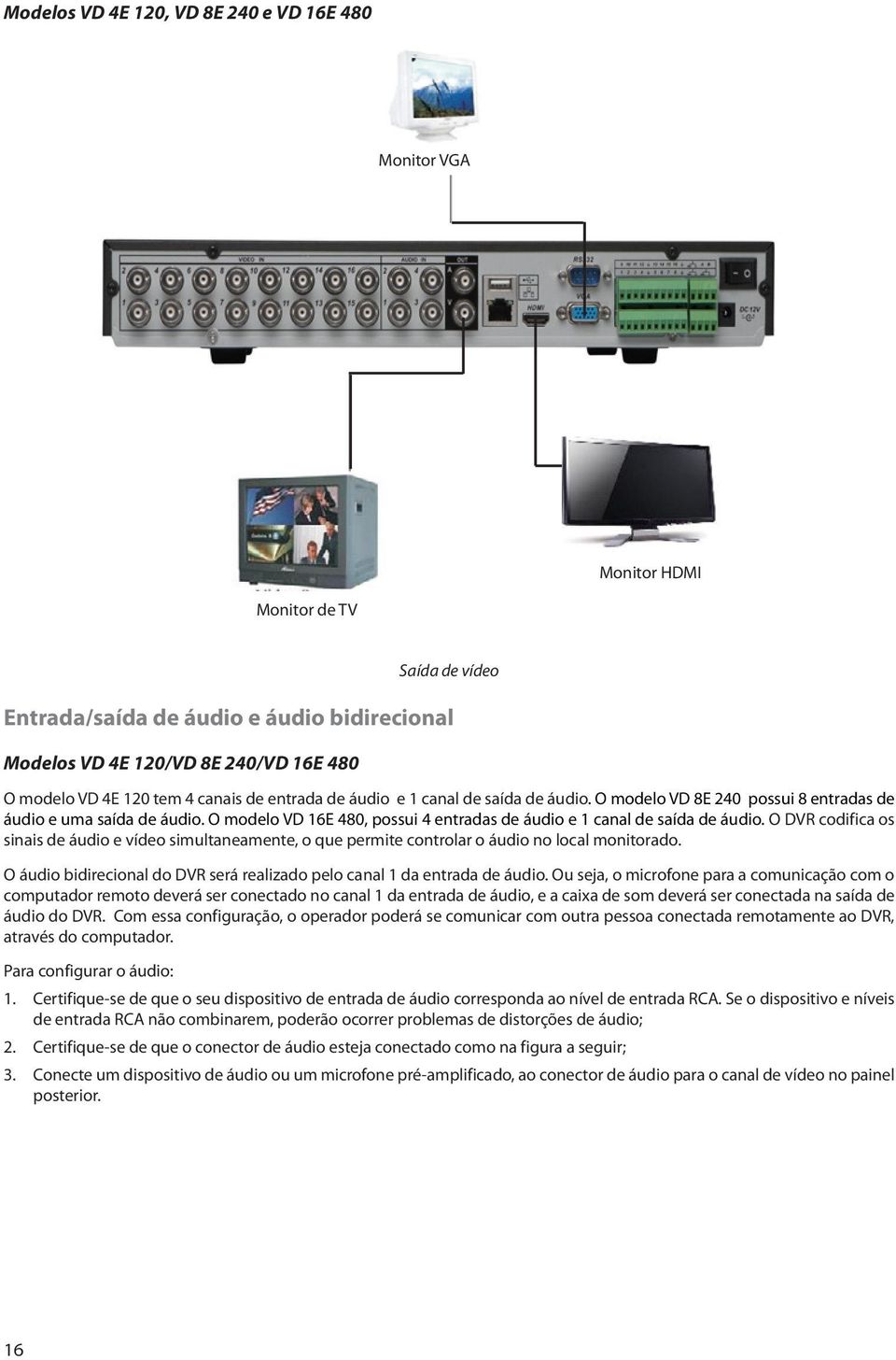 O modelo VD 16E 480, possui 4 entradas de áudio e 1 canal de saída de áudio. O DVR codifica os sinais de áudio e vídeo simultaneamente, o que permite controlar o áudio no local monitorado.