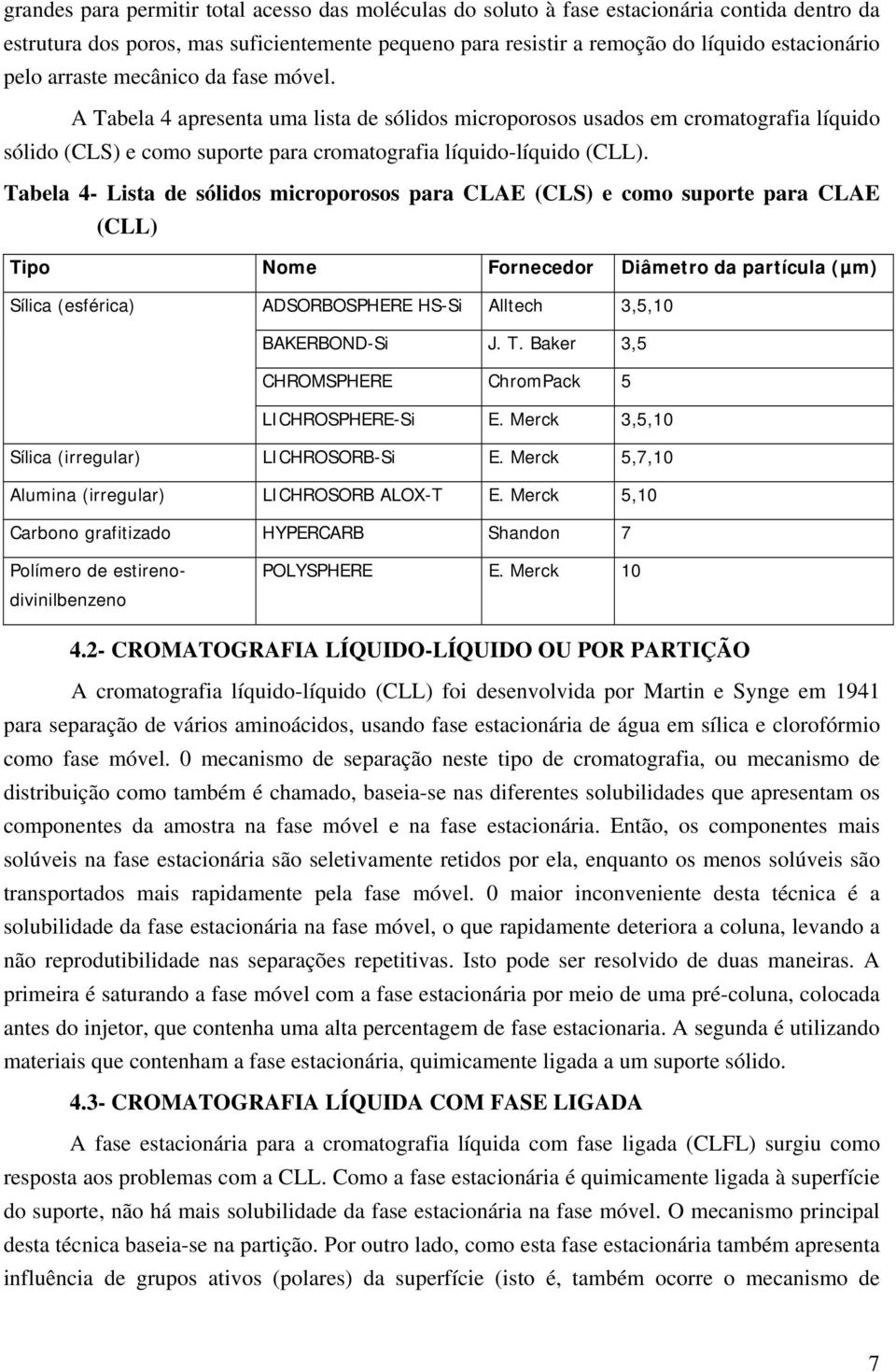 Tabela 4- Lista de sólidos microporosos para CLAE (CLS) e como suporte para CLAE (CLL) Tipo Nome Fornecedor Diâmetro da partícula (µm) Sílica (esférica) ADSORBOSPHERE HS-Si Alltech 3,5,10