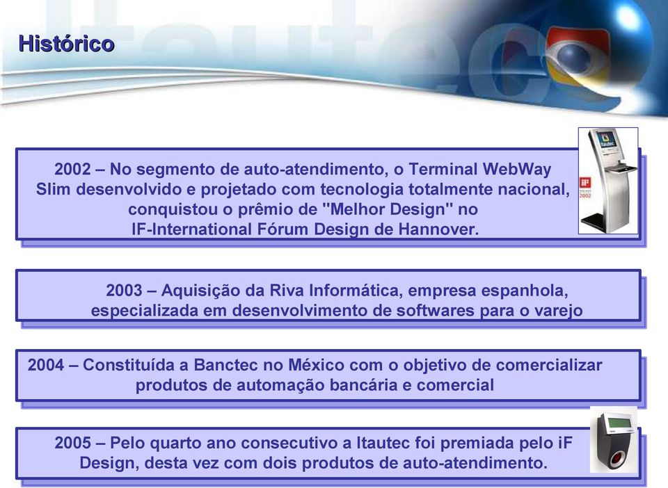 2003 Aquisição da Riva Informática, empresa espanhola, especializada em desenvolvimento de softwares para o varejo 2004 Constituída a