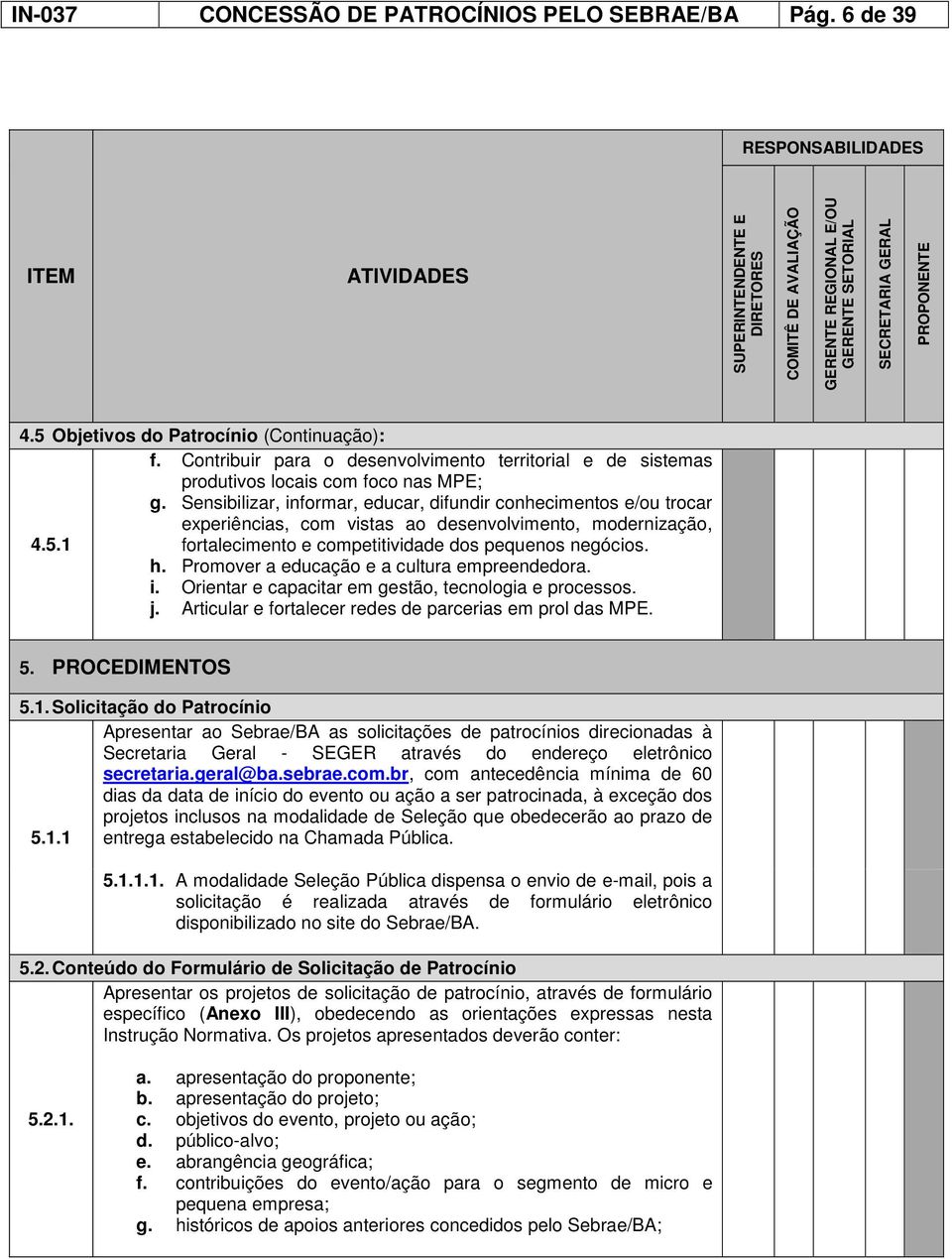 5 Objetivos do Patrocínio (Continuação): f. Contribuir para o desenvolvimento territorial e de sistemas produtivos locais com foco nas MPE; g.